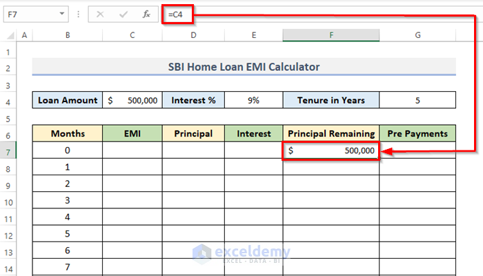 SBI Home Loan EMI Calculator In Excel Sheet With Prepayment Option