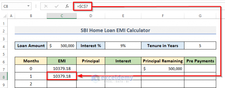 SBI Home Loan EMI Calculator In Excel Sheet With Prepayment Option