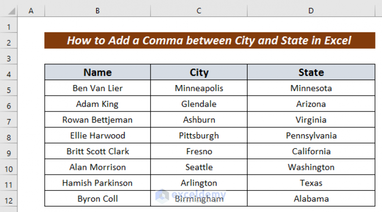 how-to-add-a-comma-between-city-and-state-in-excel-6-ways