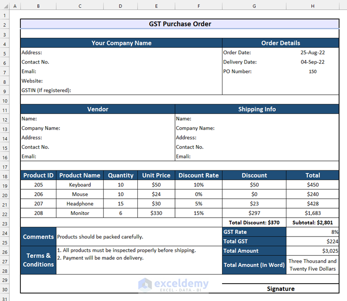 Indian Purchase Order Format In Excel Free Download
