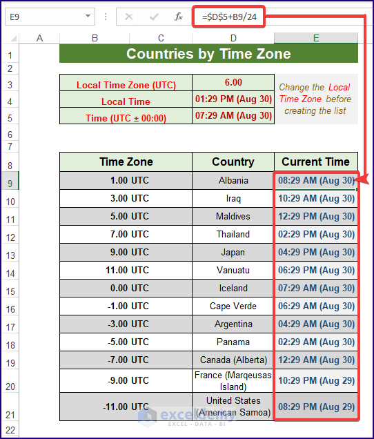 Making a List of Countries by Time Zone in Excel (with