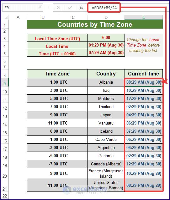 Making A List Of Countries By Time Zone In Excel with Easy Steps 