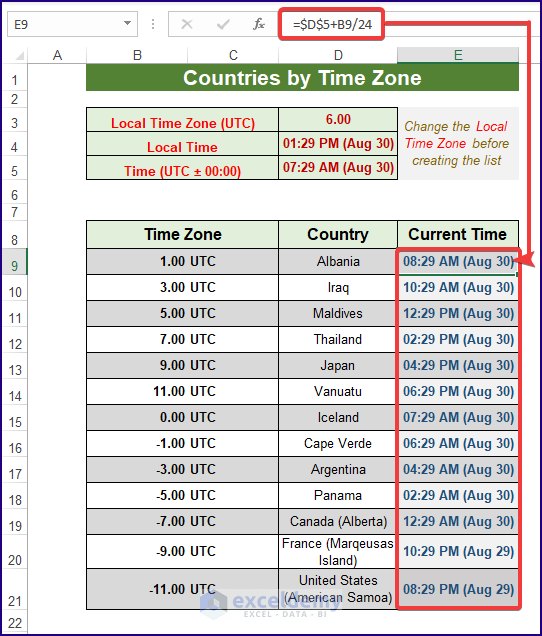 H ng D n List Of Countries By Time Zone Excel Danh S ch C c Qu c Gia 