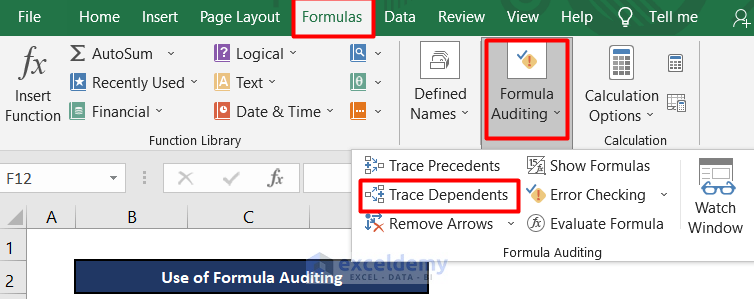 excel shortcut to trace dependents