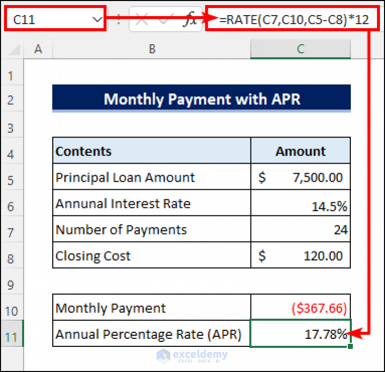How To Calculate Monthly Payment With Apr In Excel Exceldemy 3227