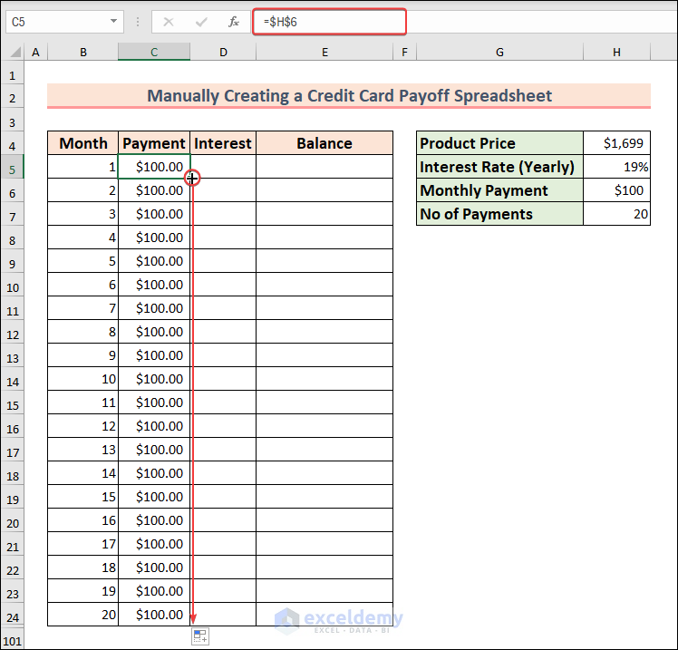 Inserting payment in column C
