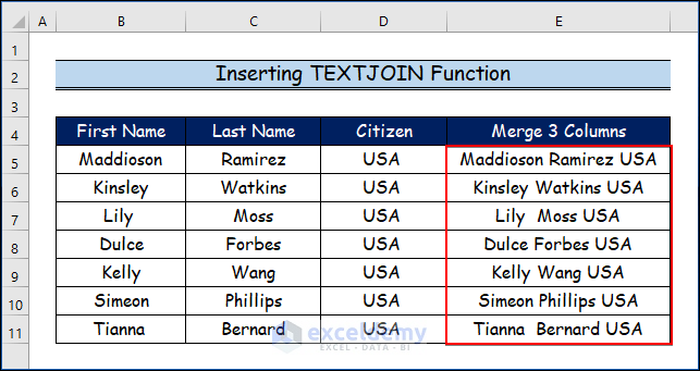  Inserting TEXTJOIN Function to Merge 3 Columns in Excel