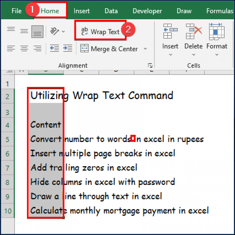 how to show text in cell in excel