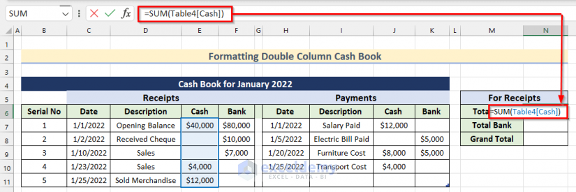 Calculate Total Cash to Format Double Column Cash Book in Excel
