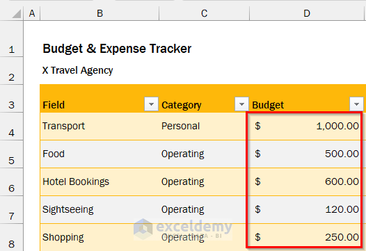 Insering Budget Values in Tamplate to Create Budget and Expense Tracker in Excel