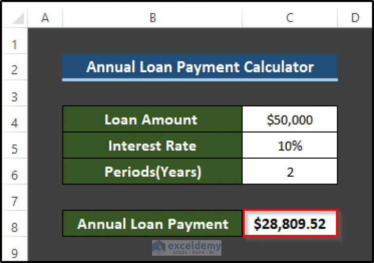 How To Create Annual Loan Payment Calculator In Excel 3 Ways 1337