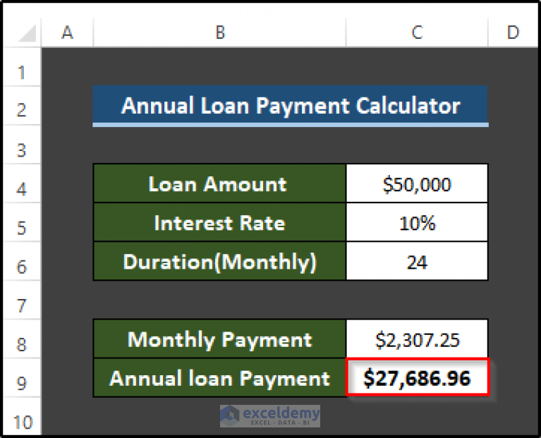 how-to-create-annual-loan-payment-calculator-in-excel-3-ways