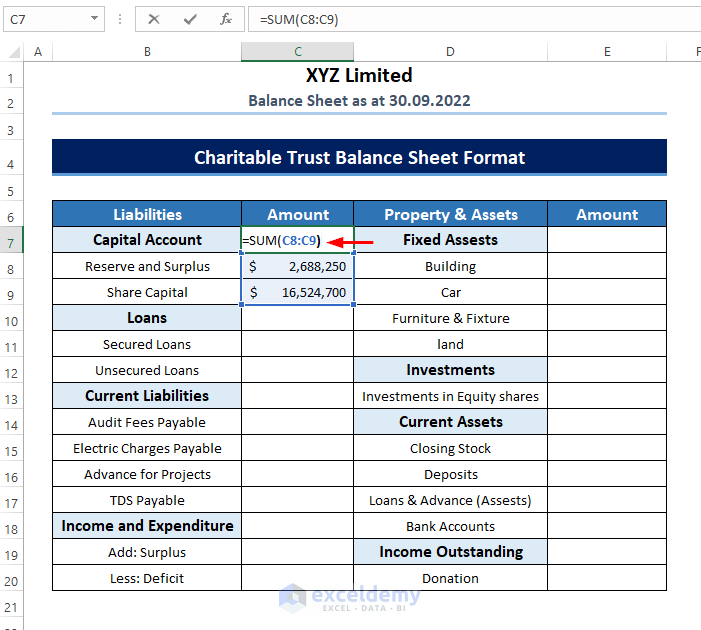 SUM function to find amount of component in Balance Sheet in Excel