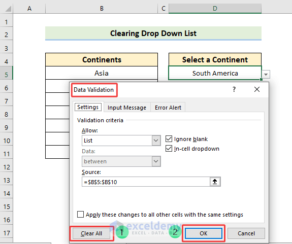 how to clear drop down list in excel