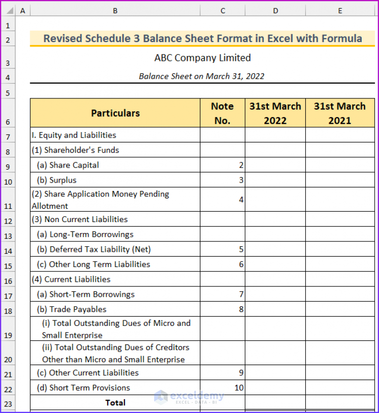 Revised Schedule 3 Balance Sheet Format in Excel with Formula