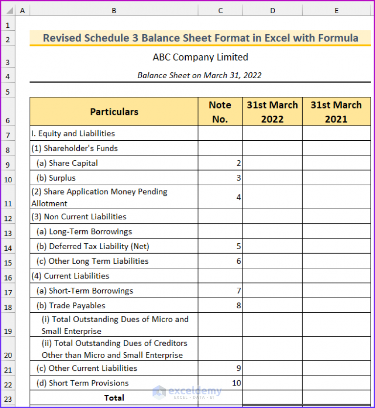 Revised Schedule 3 Balance Sheet Format In Excel With Formula