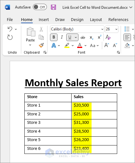 word document linked to excel cell