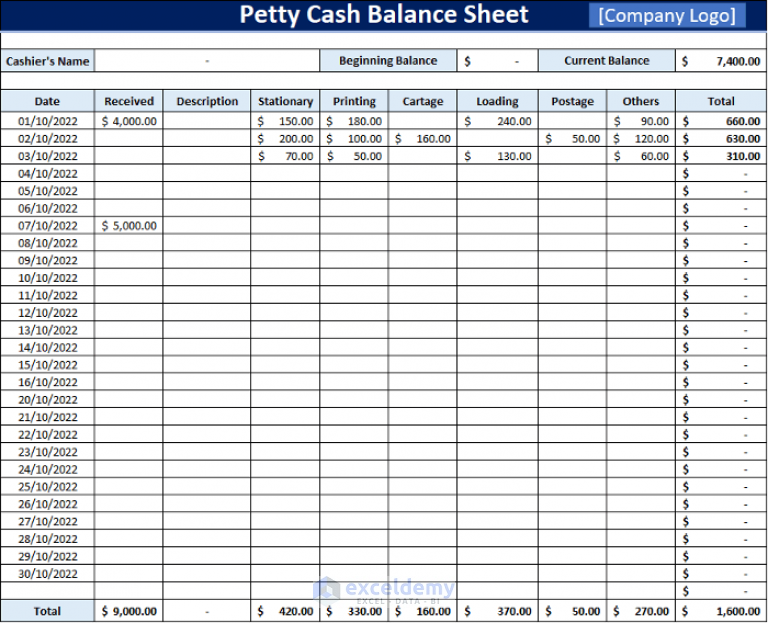 Petty Cash Balance Sheet in Excel - Download Free Template