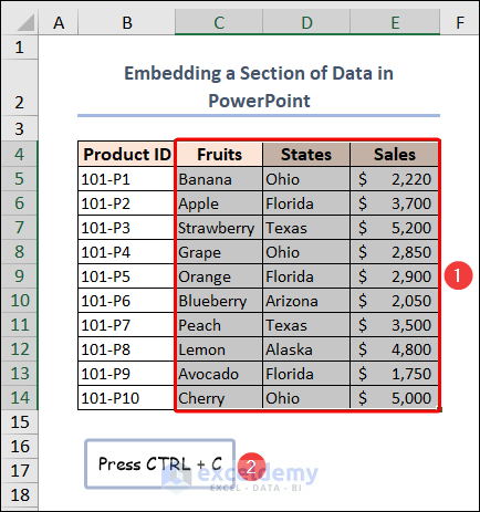 copy portion of data with keyboard shortcut in excel file