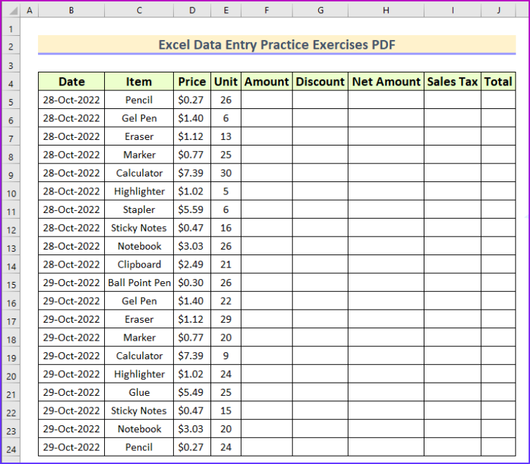 Excel Data Entry Practice Exercises PDF - ExcelDemy