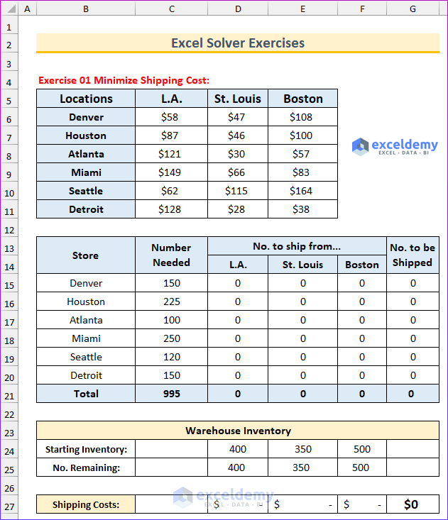 Problem Overview of Excel Solver Exercises