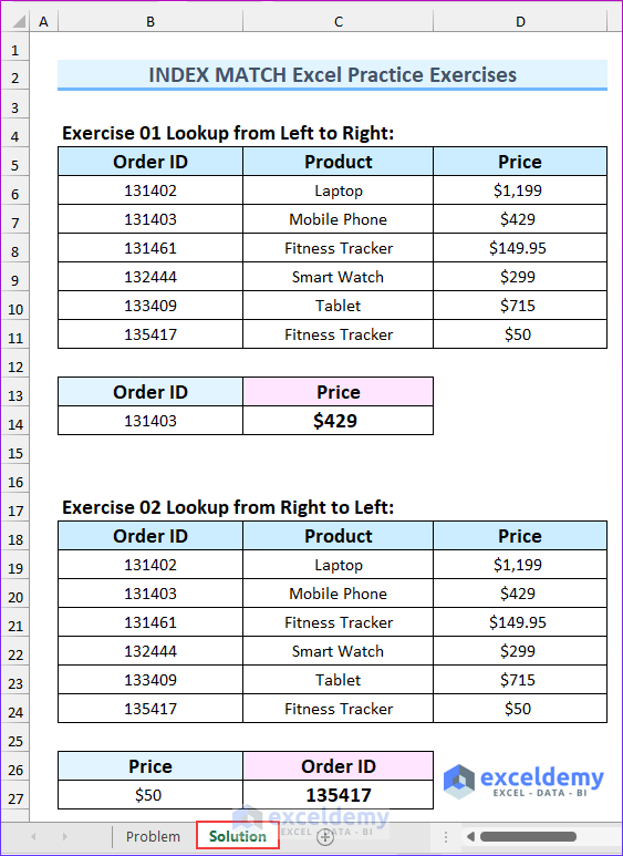 Excel Practice Exercises With INDEX MATCH Formula