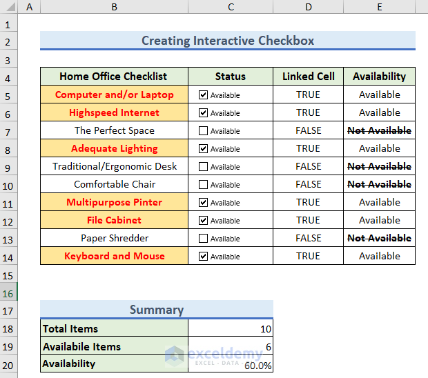 How To Create An Interactive Checklist In Excel