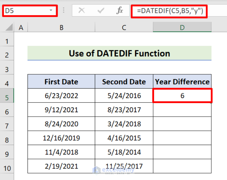 How to Subtract Dates in Excel to Get Years (7 Simple Methods)