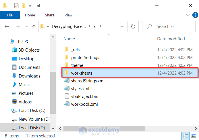 Opening Worksheets folder to Decrypt Excel File without Password