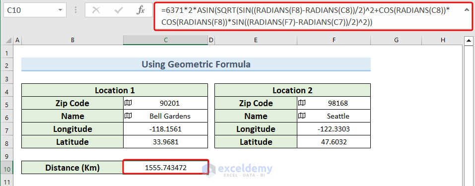 distance between zip codes excel formula