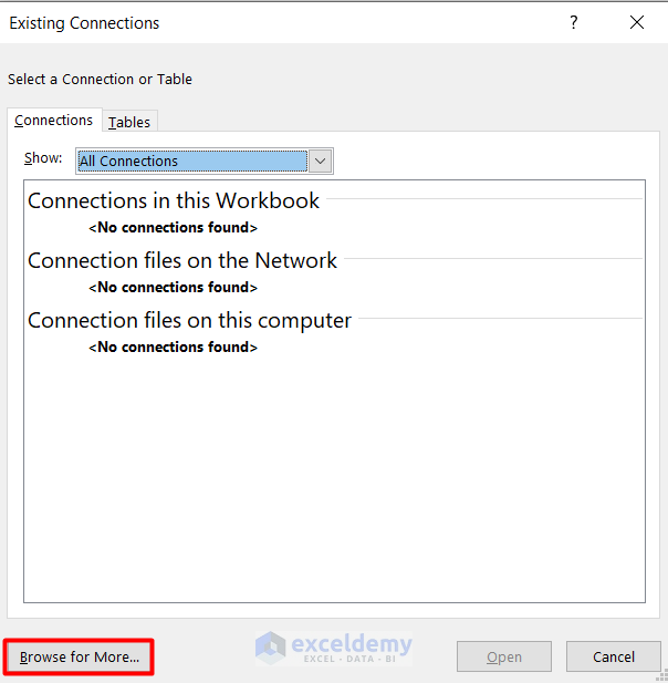 Using Connections Function to Create Excel Data Connection to Another Excel File