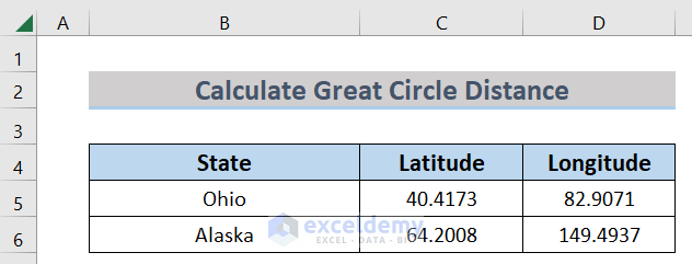Dataset to Find Great Circle Distance Using Excel Formula