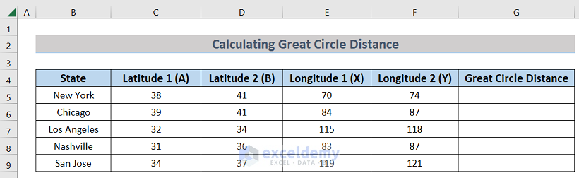 Dataset to Find Great Circle Distance Using Excel Formula