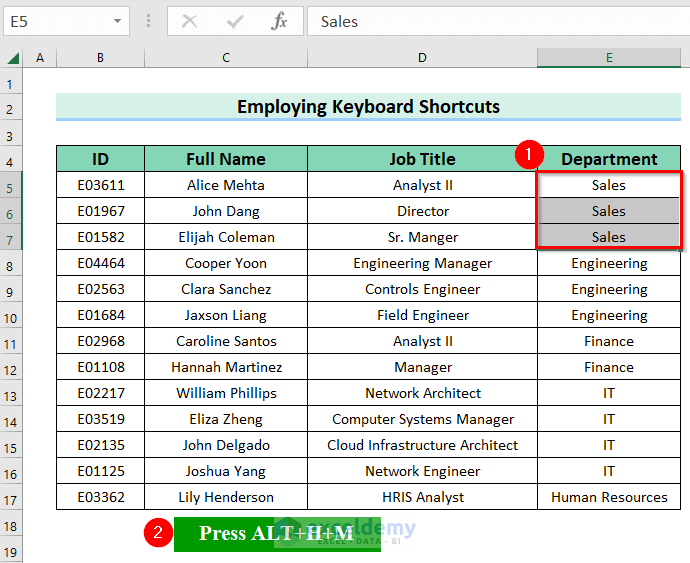 Employing Keyboard Shortcuts to Merge Selected Cells in Excel