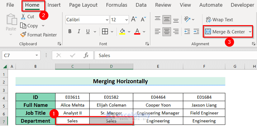 Use of Merge & Center Feature for Merging Cells Horizontally in Excel