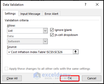 Pressing the ok button to close data validation window