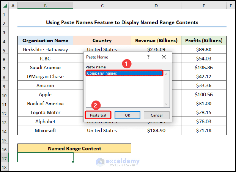 Excel Display Named Range Contents