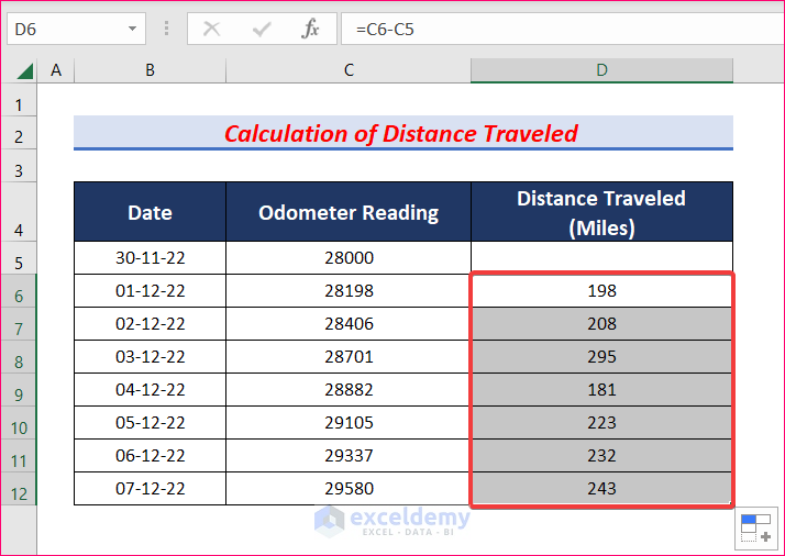 AutoFill Formula to Determine Distance Traveled and Create a Gas Mileage Calculator in Excel