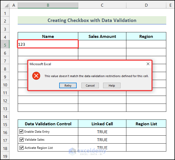 Error message shown by Excel after inserting numerical data