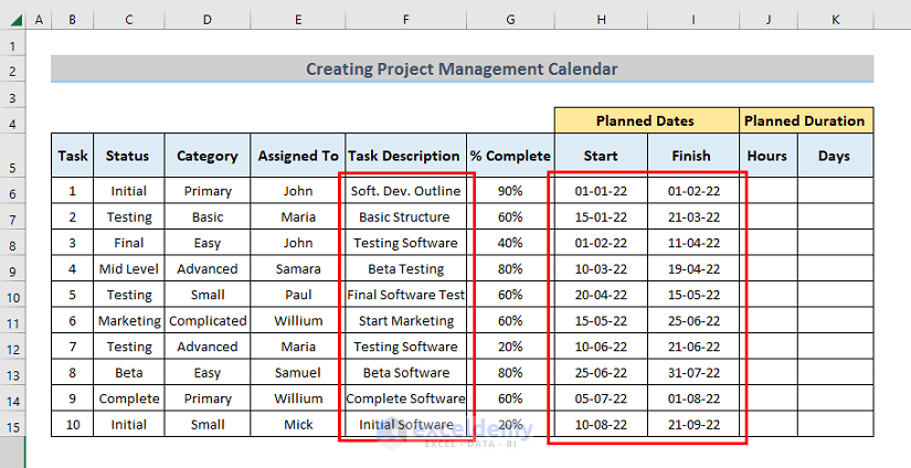 Enter Task Description, Start and Finish Dates in Calendar