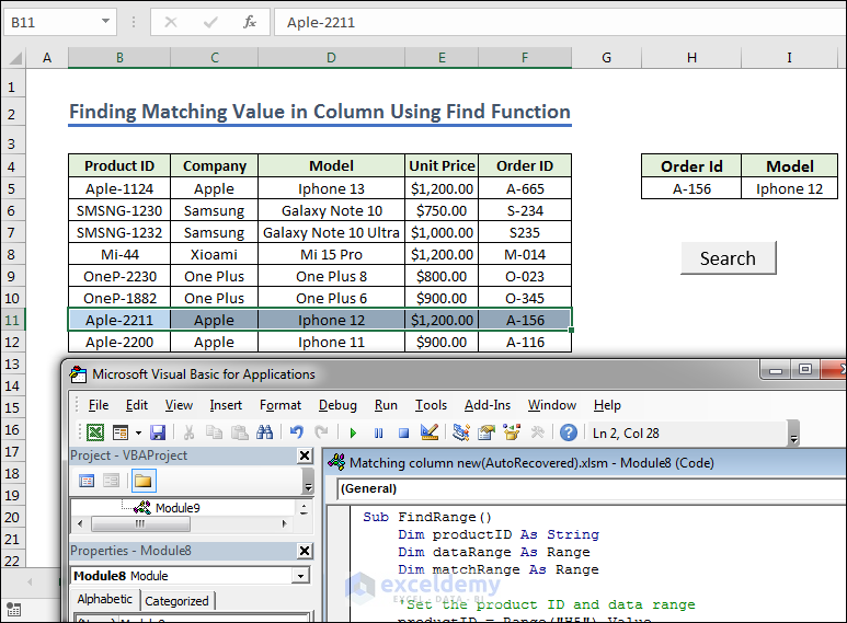 Excel VBA To Find Matching Value In Column 8 Examples 