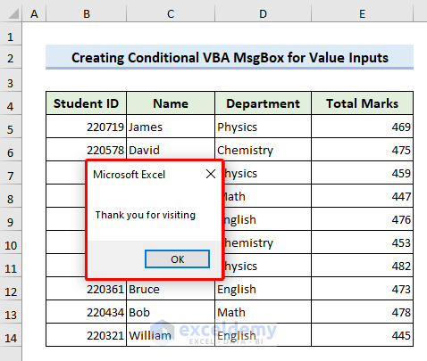 Final output with provided statement for condition VBA Msgbox