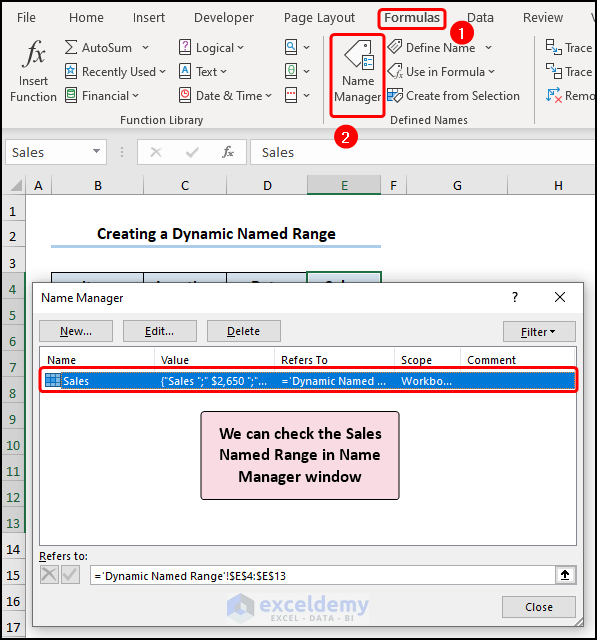 Image showing the named range in the name manager window