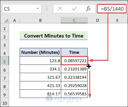 Insert formula to convert minutes to time