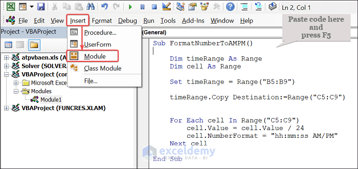 Insert intended code in VBE to convert number to time