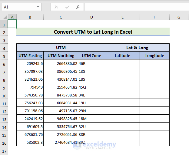 Dataset to convert UTM to Lat and Long
