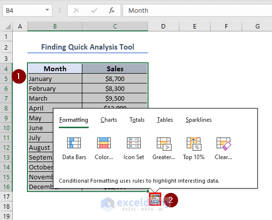 steps to open quick analysis tool