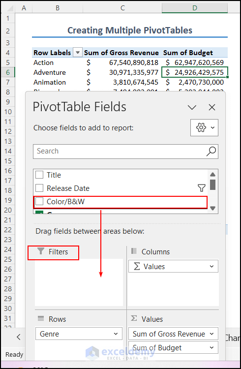 Dragging item to Filters in PivotTable