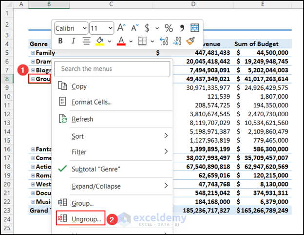 Ungrouping items in PivotTable