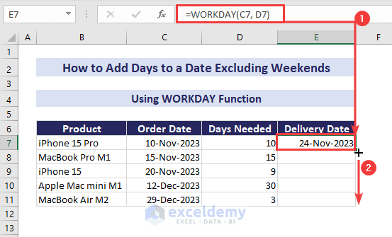 using workday function to add days to a date excluding weekends in excel